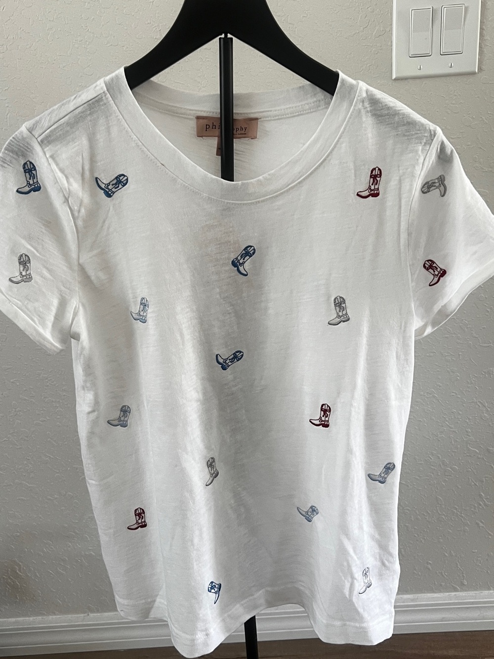 philosophy White Tee with Multi-Color Boot Embroidery - Ladies